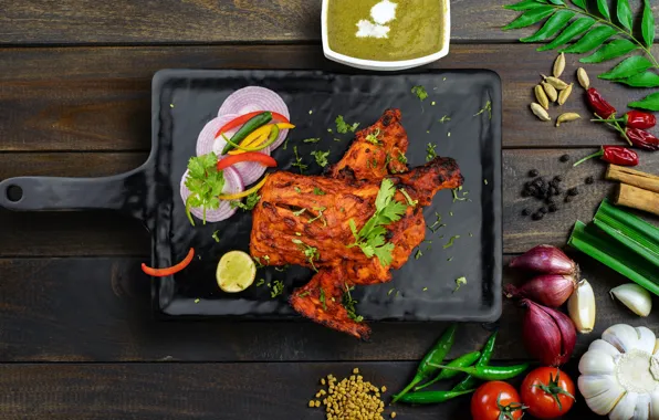 Greens, Board, bow, meat, vegetables, tomatoes, spices, garlic