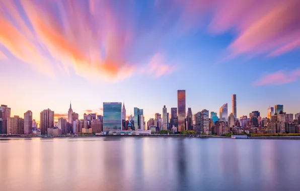 Picture skycrapers, New York, river, New York City, NYC, clouds, cityscape, city