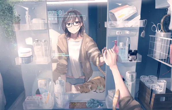 Picture watch, jars, cosmetics, scissors, glasses, the mirror, shelves, Hairdryer