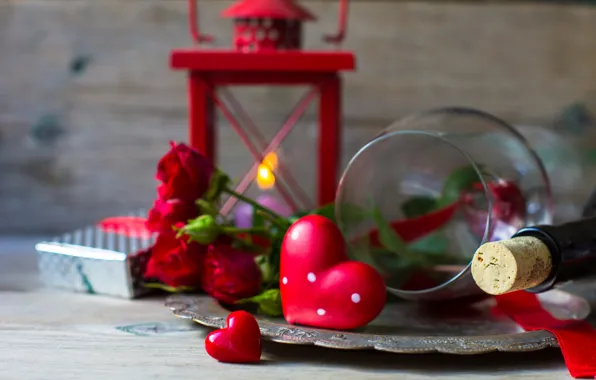 Picture flowers, holiday, wine, heart, glass, bottle, roses, lantern