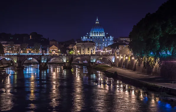 Night, bridge, lights, river, Rome, Italy, The Tiber, St. Peter's Cathedral