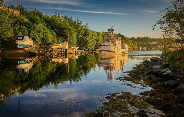 Boats, Norway, sunlight, Vestlandet, canal, Rogaland, Røyksund, Røyksundkanalen