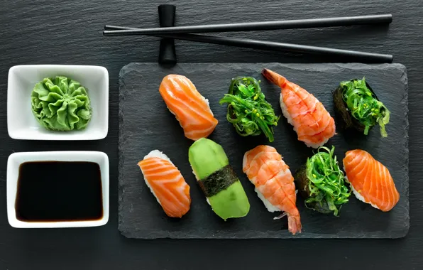 Sticks, sauce, sushi, rolls