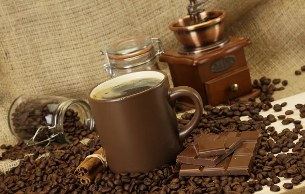 Picture coffee, chocolate, grain, Cup, Bank, cinnamon, brown, coffee grinder
