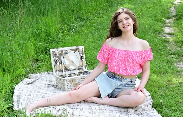 Model, brunette, gorgeous, picnic, photoshoot, posing, beautiful face, pale skin