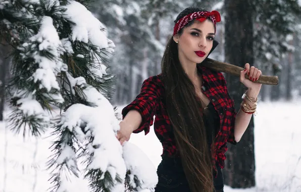 Picture forest, girl, axe, Light, Ivan Kopchenov