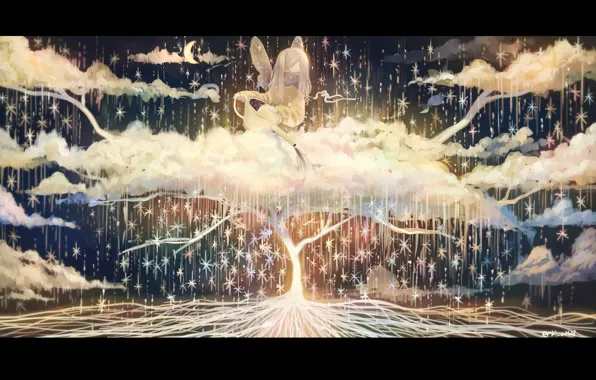 Stars, clouds, tree, fairy, Crescent