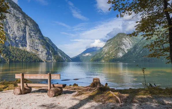 Picture clouds, landscape, mountains, nature, lake, shore, Germany, bench