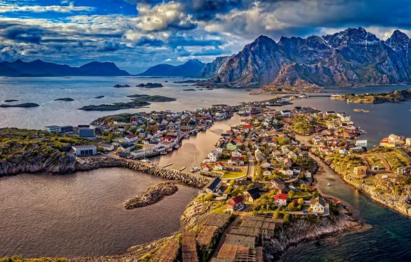 Islands, mountains, home, village, Norway, panorama, Norway, the fjord