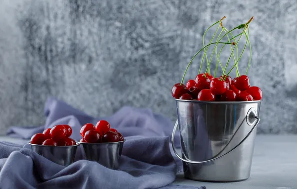 Metal, cherry, berries, fabric, grey background, cherry, bucket, buckets