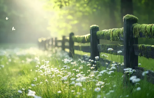 Greens, field, summer, grass, rays, light, trees, butterfly