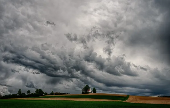 Field, the sky, clouds, trees, clouds, strip, overcast, Church