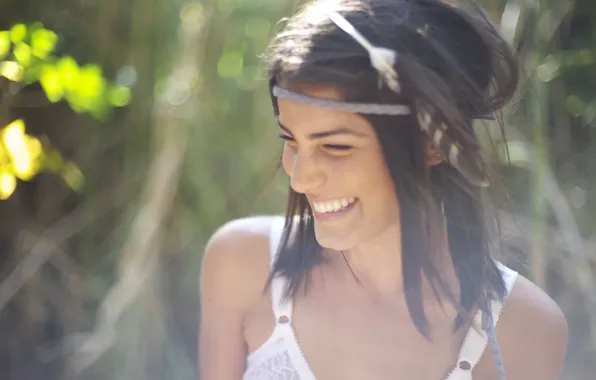 Girl, sexy, happy, laugh, feather, teeth, braid headband