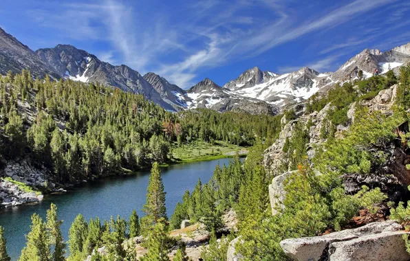 Forest, mountains, lake, CA, California, Little Lakes Valley, John Muir Wilderness, Long Lake