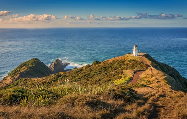 Sea, clouds, rocks, shore, lighthouse, horizon, Cape
