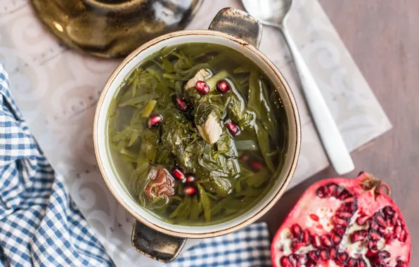 Greens, soup, garnet, The first dish