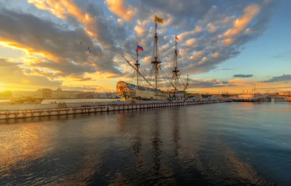 Picture clouds, sunset, river, photo, ships, pier, Russia, Ed Gordeev