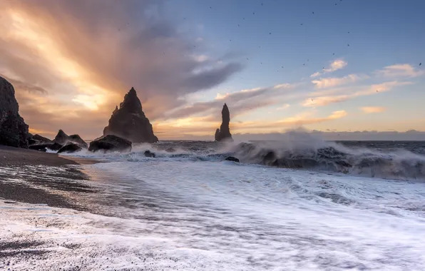 Wave, sunset, storm, the ocean, rocks, coast, Iceland, Iceland