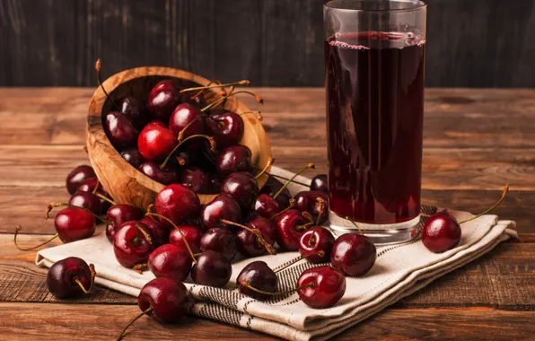 Cherry, glass, berries, table, Board, towel, juice, red