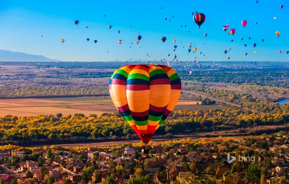 Trees, balloon, river, panorama, USA, New Mexico, Albuquerque International Balloon Fiesta
