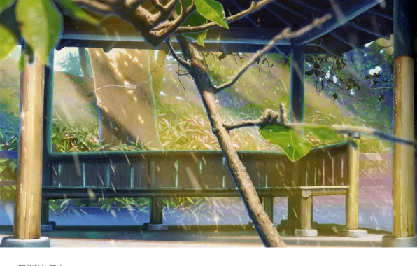 Picture drops, bench, Park, rain, gazebo, kotonoha no niwa, garden of fine words, by makoto shinkai