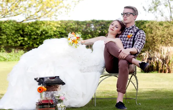 Picture grass, bench, books, bouquet, dress, glasses, male, shirt