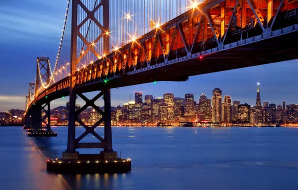 Night, the city, lights, Strait, the evening, backlight, Bay, San Francisco