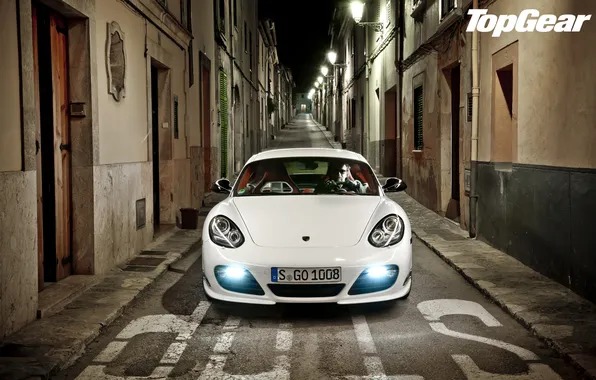 Picture white, night, Porsche, lights, Cayman, supercar, lane, Porsche