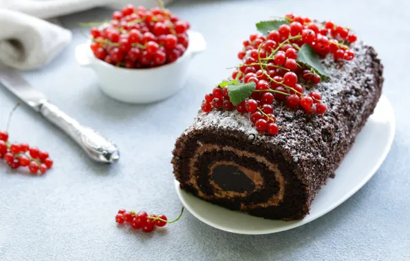 Berries, cream, dessert, currants, chocolate, biscuit, roll