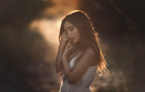 Picture girl, pose, the dark background, closed eyes, long-haired