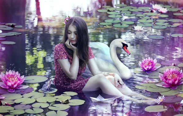 Picture water, girl, magic, Swan, toad, water Lily, paper boat