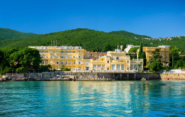 Trees, mountains, shore, home, Croatia, Opatija