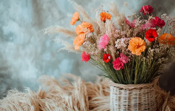 Flowers, bouquet, spikelets, basket, the dried flowers, AI art, neural network