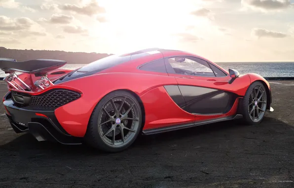 McLaren, Red, Sun, Sunset, Sunrise, Sea, Supercar, Rear