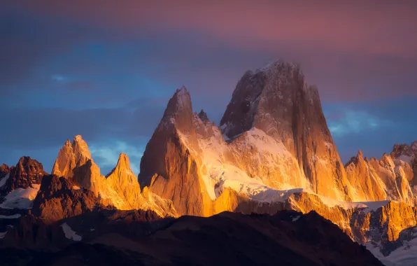 The sky, clouds, snow, sunset, mountains, clouds, nature, rocks