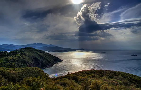Picture sea, the sky, the sun, clouds, mountains, clouds, coast, Italy