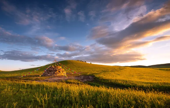 Summer, space, Tibet, meadows, Sunrise, Summer, Tibet, Grassland Prayer flag