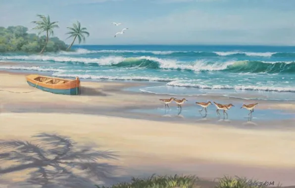 Picture sea, beach, boat, picture, painting, painting, Sung Kim