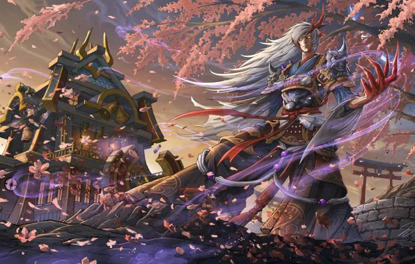 Picture trees, the wind, the demon, art, guy, onmyoji, blood season