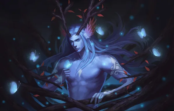 Branches, butterfly, art, horns, guy, piaoluo de fei yu