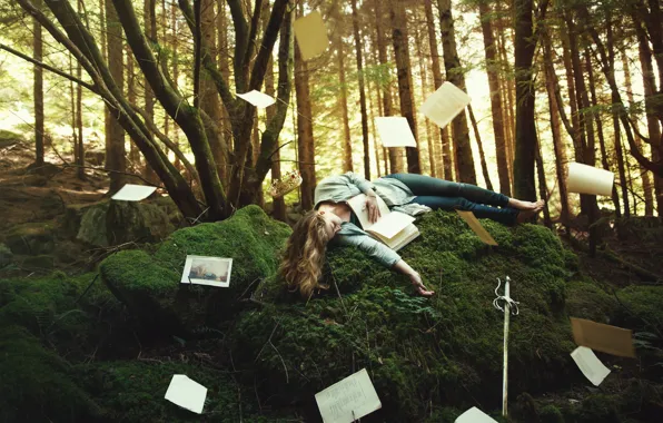 Forest, girl, trees, pose, fantasy, vegetation, moss, sleep