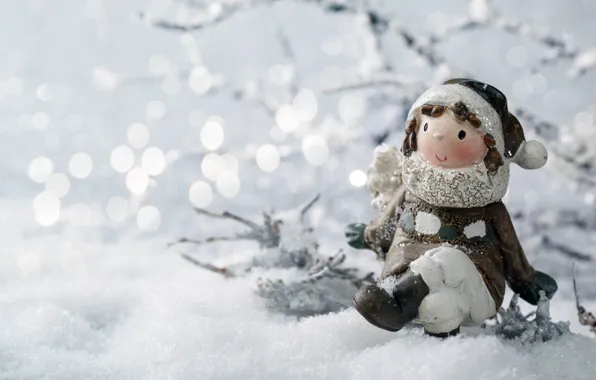 Picture winter, snow, toy, girl, figurine, bokeh, twigs