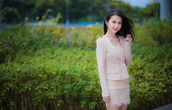 Girl, sweetheart, skirt, brunette, Asian, jacket, bokeh