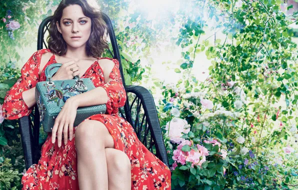 Greens, flowers, chair, garden, dress, actress, brunette, hairstyle