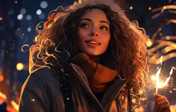 Girl, Night, Smile, Christmas, Hair, New year, Joy, Digital art