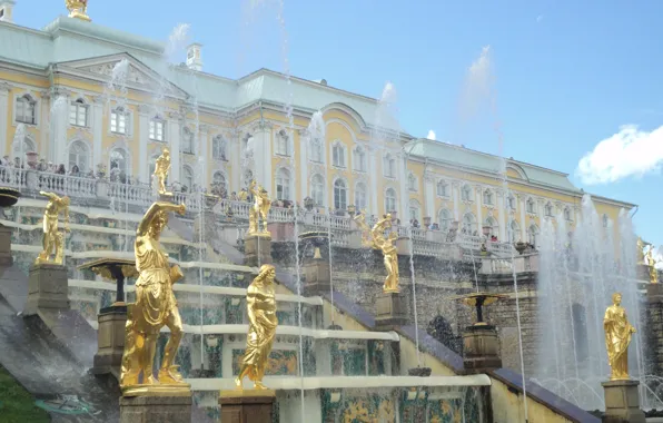 Summer, the sky, fountains, Palace, sculpture, Peterhof