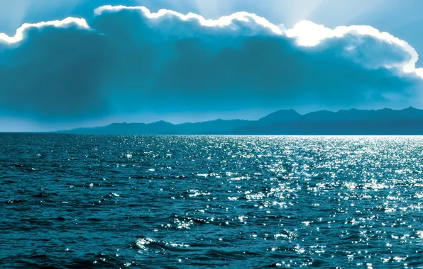 Clouds, lake, blue, coast, horizon, Baikal, Russia, the rays of the sun