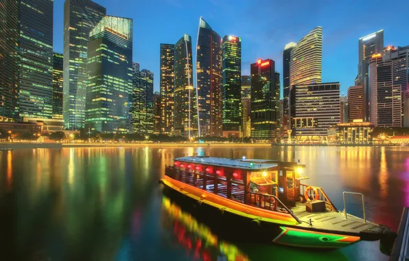 Boat, building, home, Bay, Singapore, night city, skyscrapers, Singapore