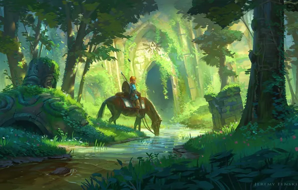 Forest, water, horse, warrior, girl, the ruins, symbol, art