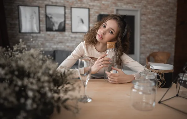 Look, girl, table, room, glass, Bank, brown hair, curls